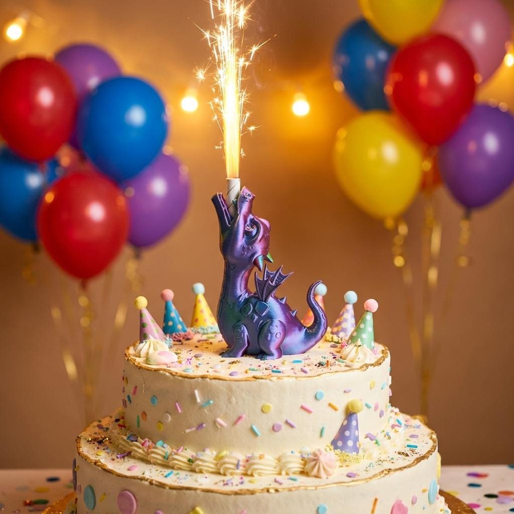 Topper tarta dragón iridiscente que escupe la fuente de chispas