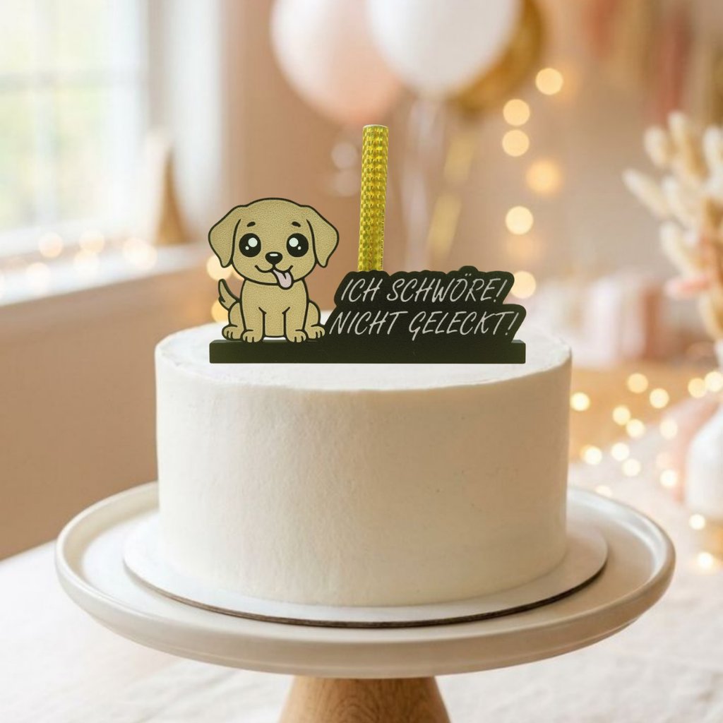 Cake Topper Hund „Ich schwöre! Nicht geleckt!“ – lustiger Tortenstecker mit Fontänen-Halter