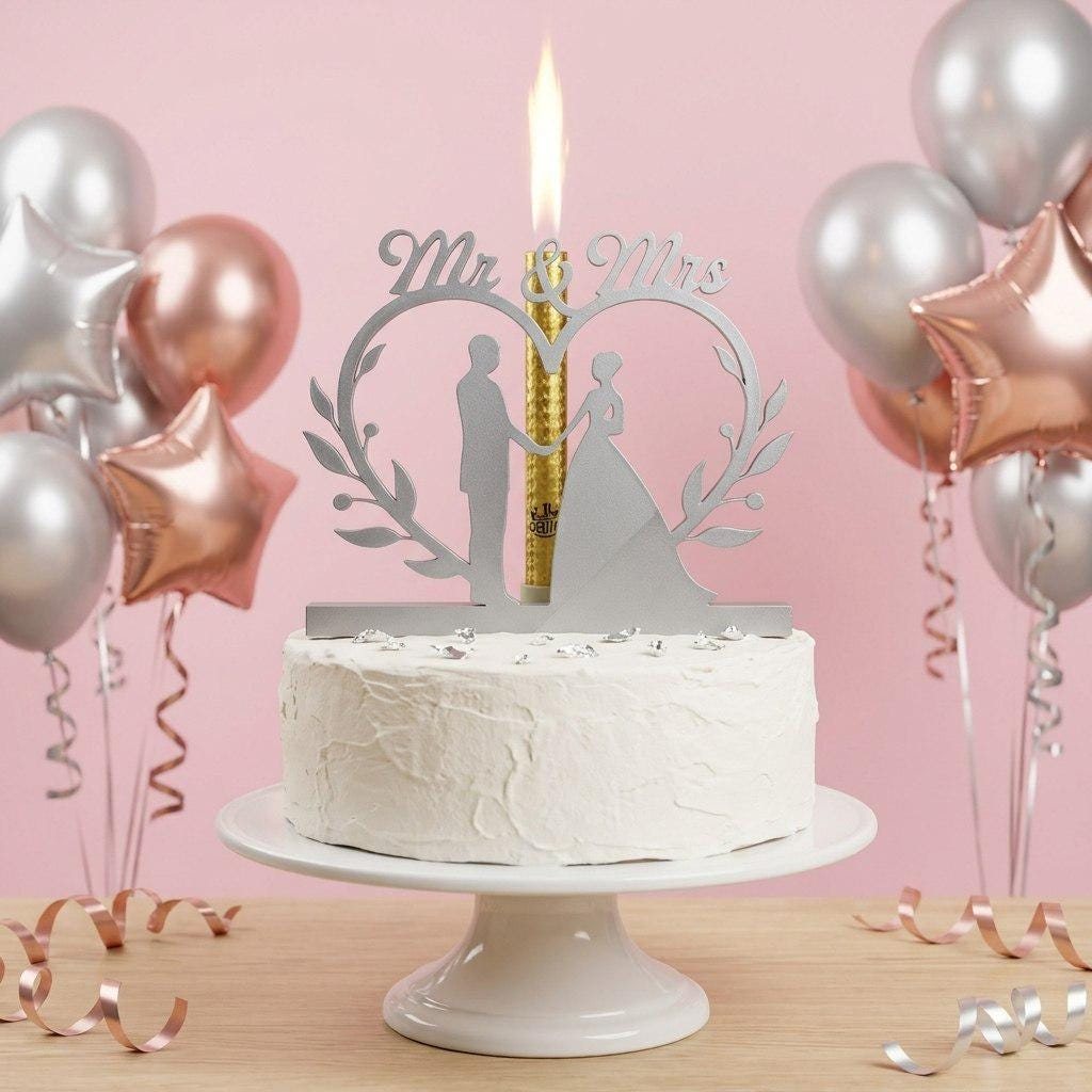Topper tarta Mr & Mrs con corazón de laurel