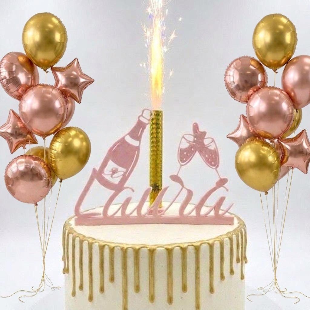 Topper tarta nombre y edad personalizado con champán
